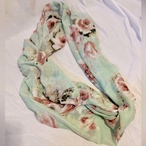 Light mint green infinity scarf with pink roses